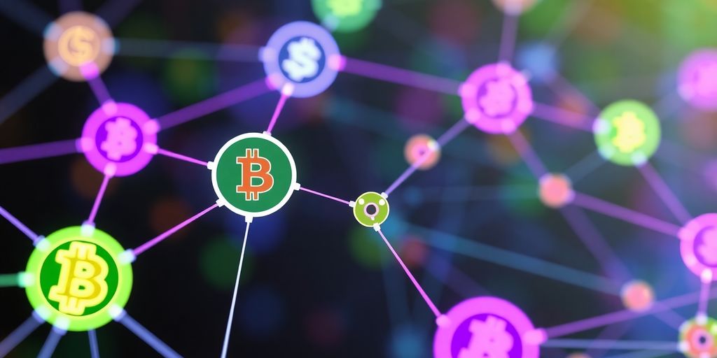 Interconnected blockchain nodes with digital currency symbols.