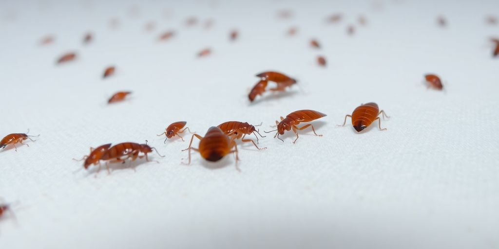 Close-up of bed bugs on a mattress.