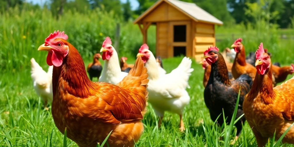 Healthy chickens in a sunny farmyard with a coop.