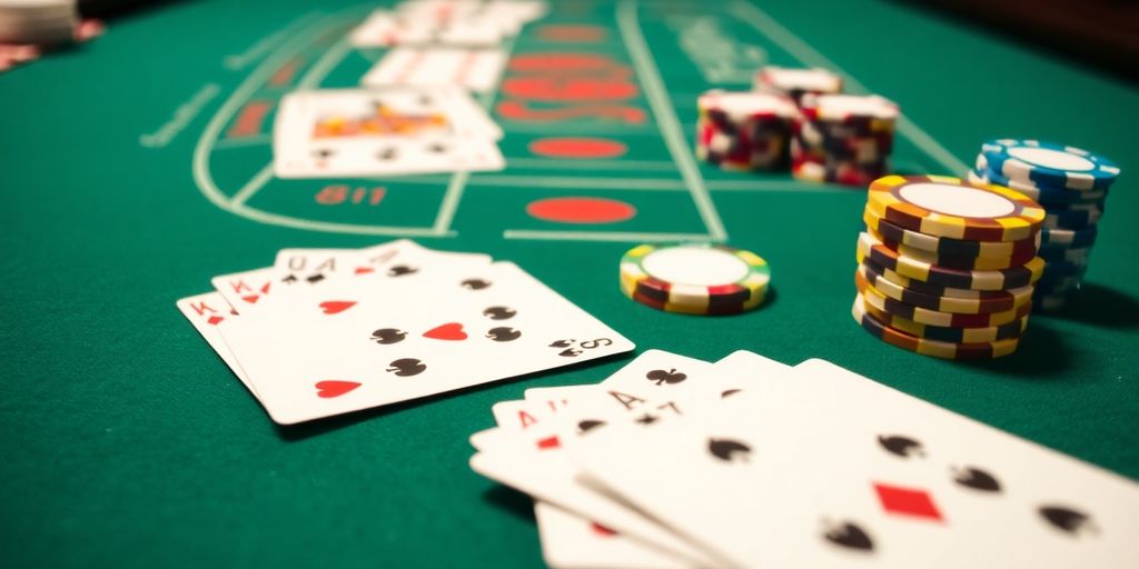 Baccarat table with cards and chips.