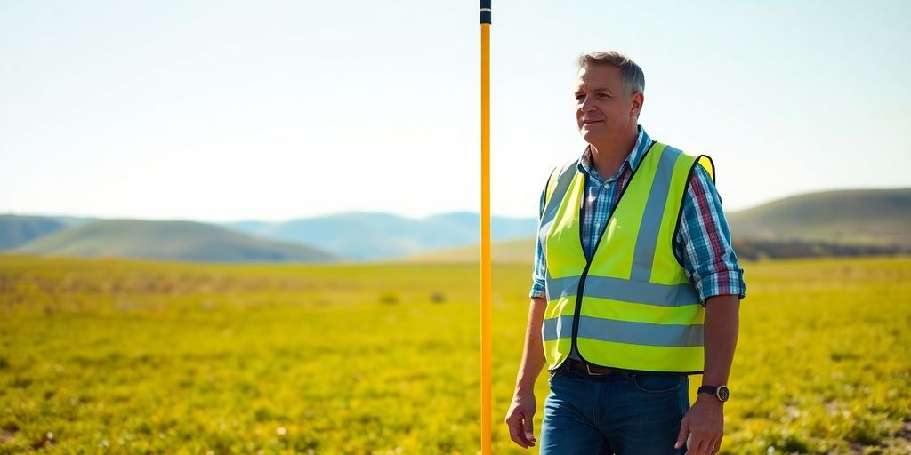 Surveyor walking through a field.