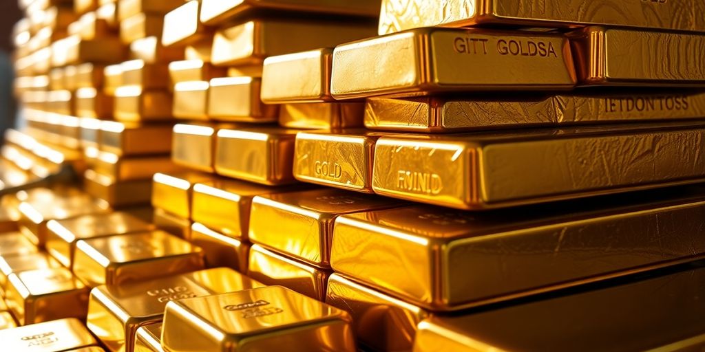 Lingots d'or brillants empilés dans une chambre forte.
