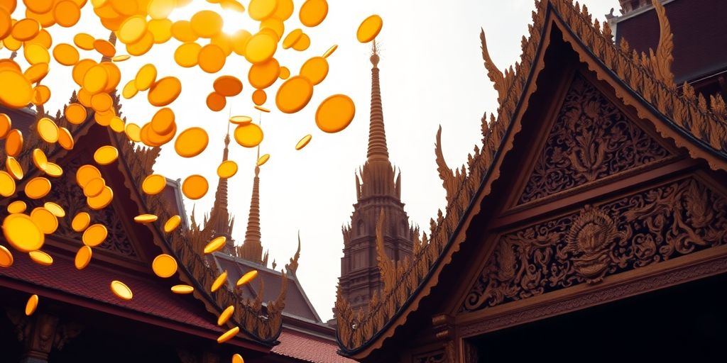 Thai temple architecture with golden coins.