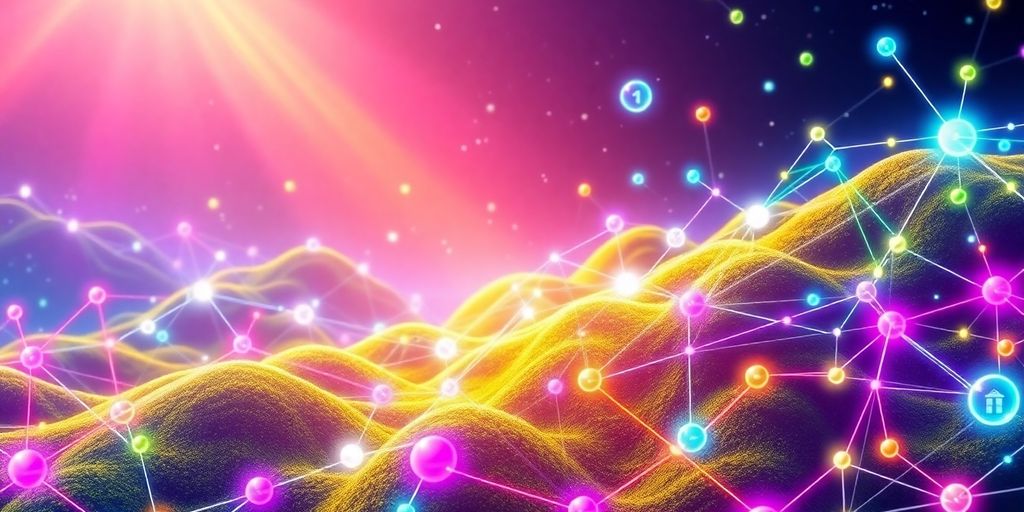 Colorful digital landscape of interconnected blockchain nodes.