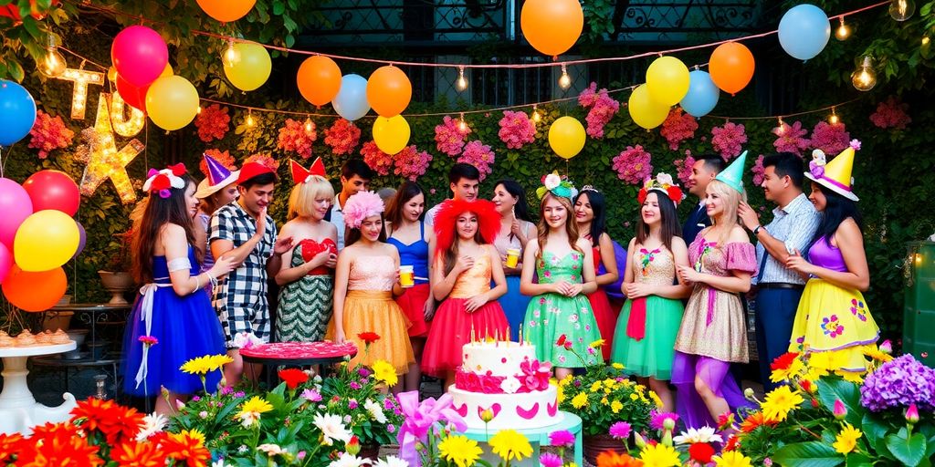 Guests in themed costumes enjoying a lively garden birthday party.