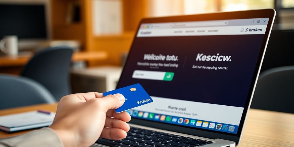 Opened laptop with Kraken website and a hand holding a credit card.