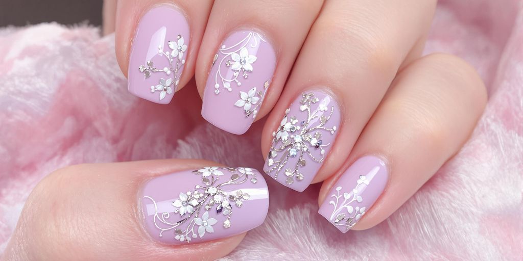 Unhas decoradas em tom lavanda com detalhes florais.
