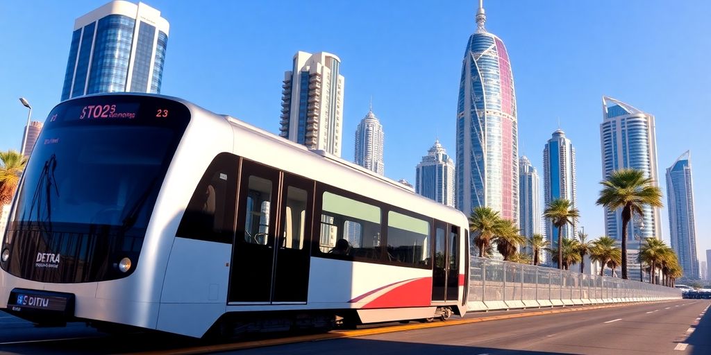 Dubai Metro train in a city with skyscrapers and palm trees.