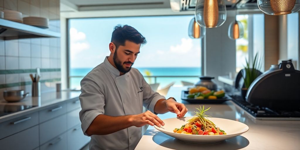 Chef preparing gourmet meal near ocean view