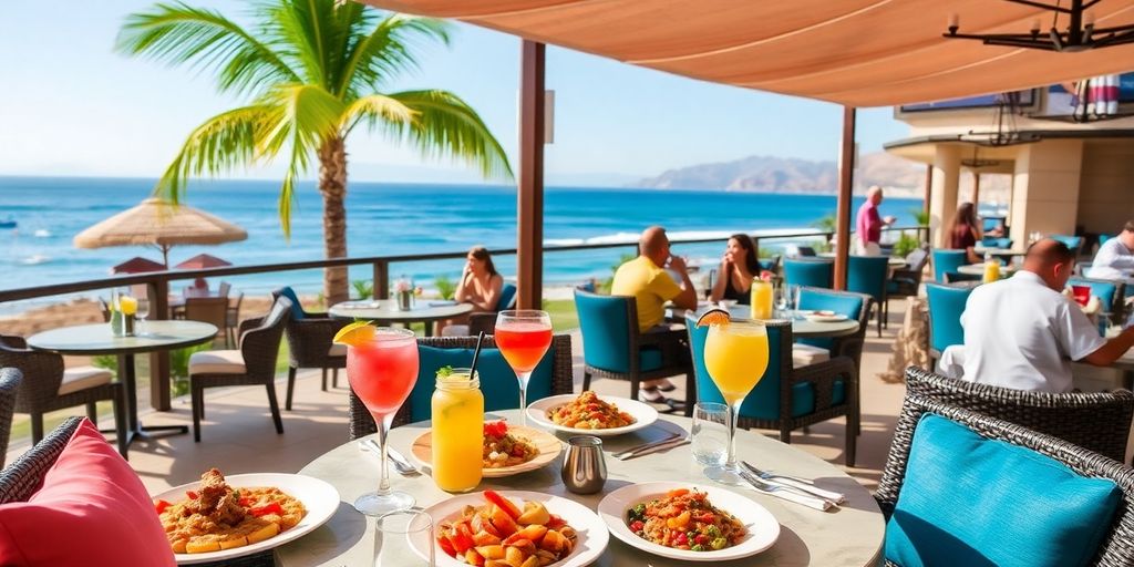 Outdoor dining with seafood and tropical drinks in Cabo.