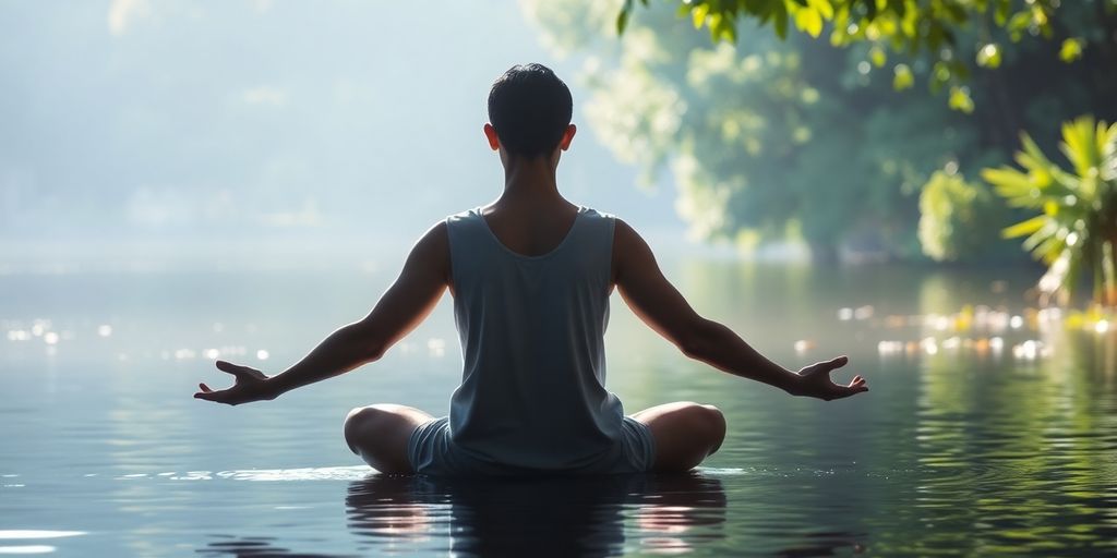 Person meditating peacefully by a serene lake.