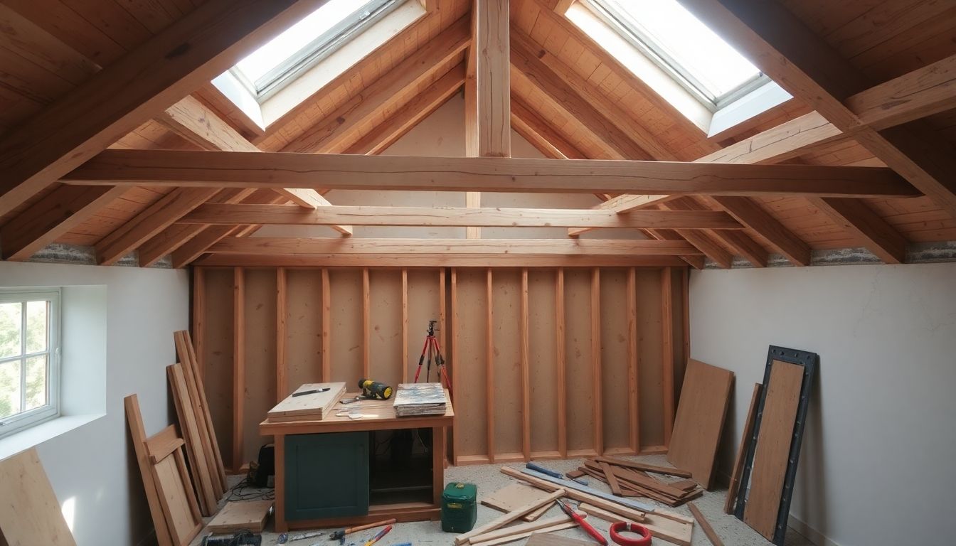Loft conversion with wooden beams and carpentry tools.