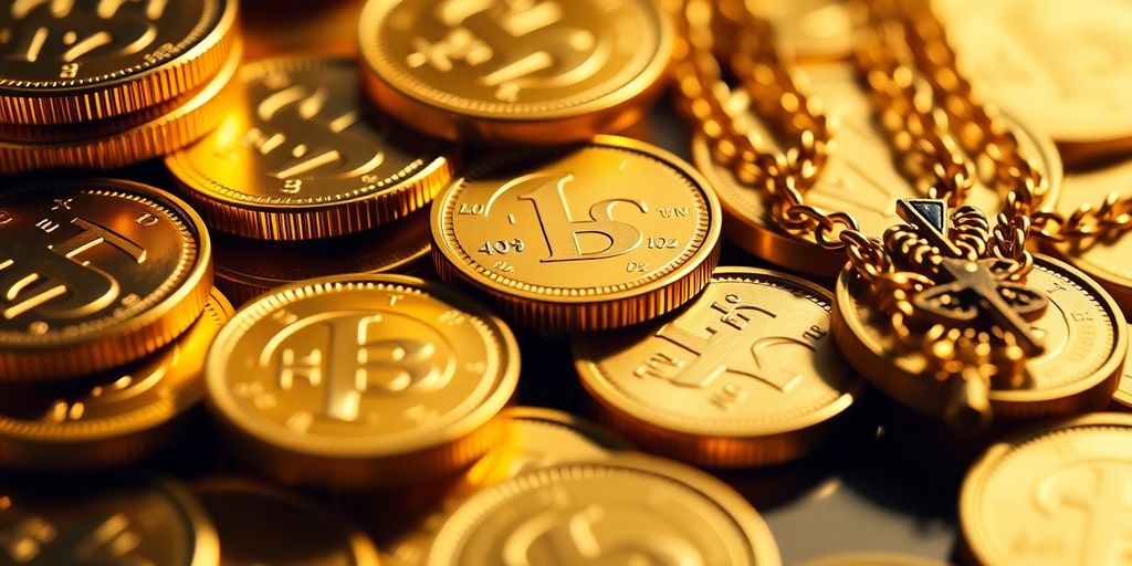 Des pièces d'or et bijoux brillants.