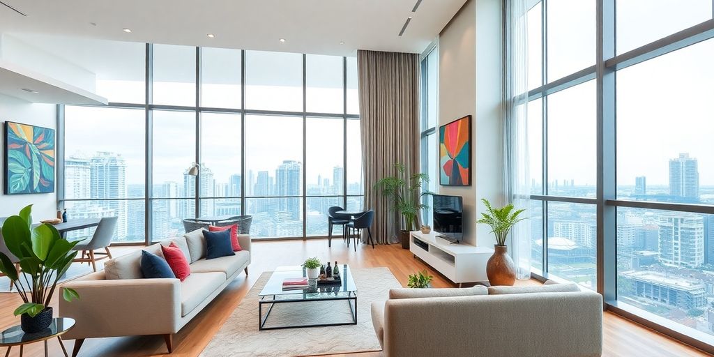 Elegant serviced apartment with city view and modern decor.