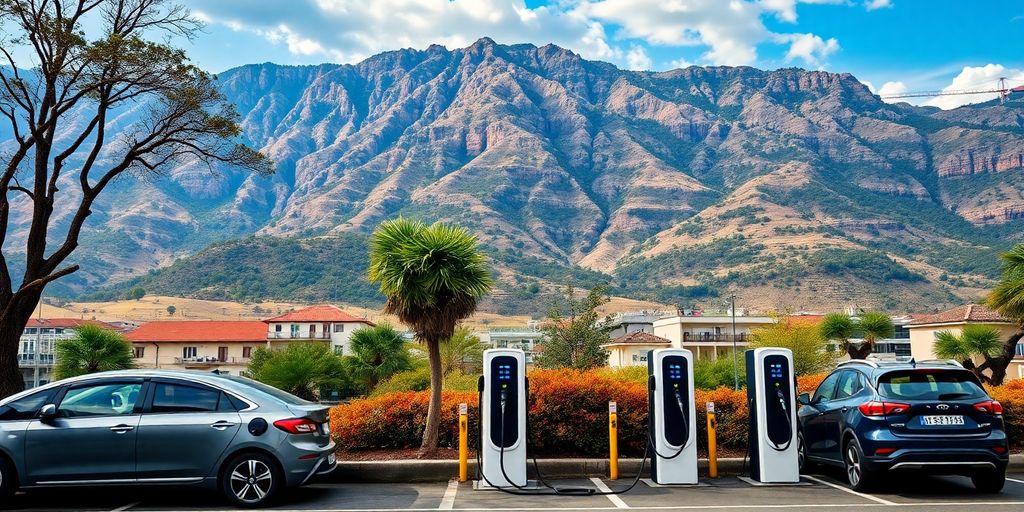 Electric vehicle charging station with various cars plugged in.