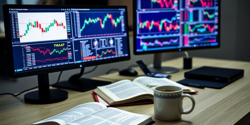 Modern trading workspace with computer and organized desk.