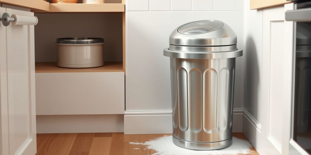 Baking soda around a shiny trash can