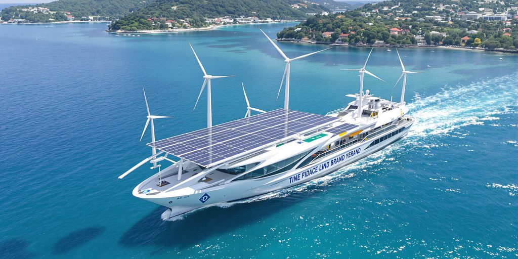 Futuristic ship using renewable energy in clear waters.