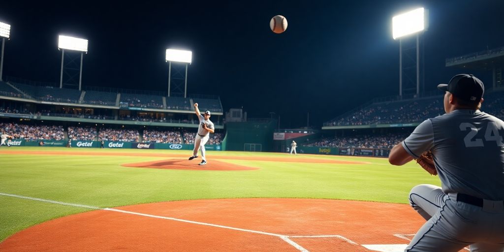 Baseball field, pitcher on mound, batter at plate.