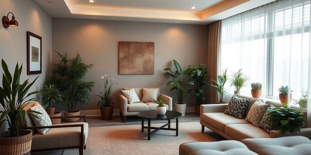 Calm therapy room designed for PTSD treatment sessions.