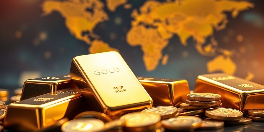 Lingots d'or, pièces et carte du monde.