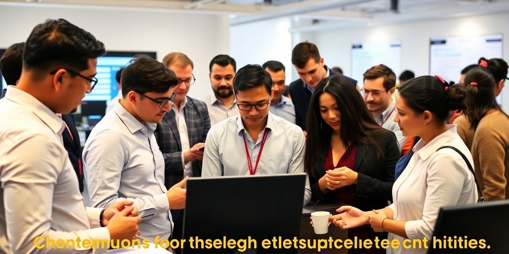 Group of professionals learning together in a modern setting.