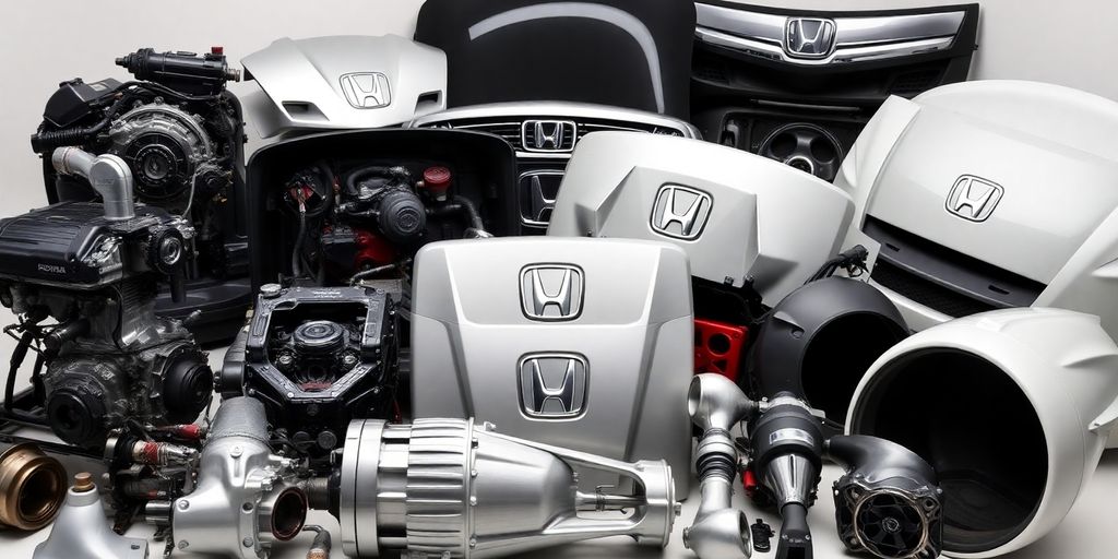 Honda car parts laid out neatly.