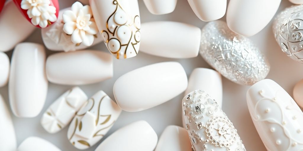Diversas unhas decoradas na cor branca com estilos diferentes.