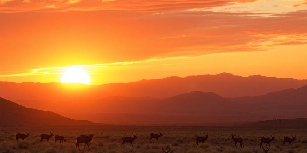 Golden sunset over mountains, silhouette of deer.