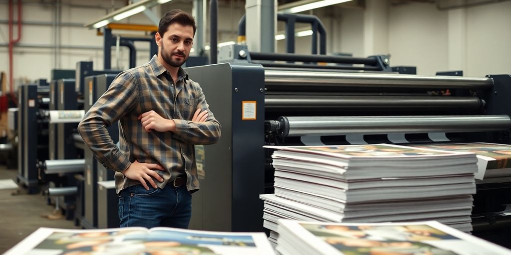 Manager oversees large format printing press.