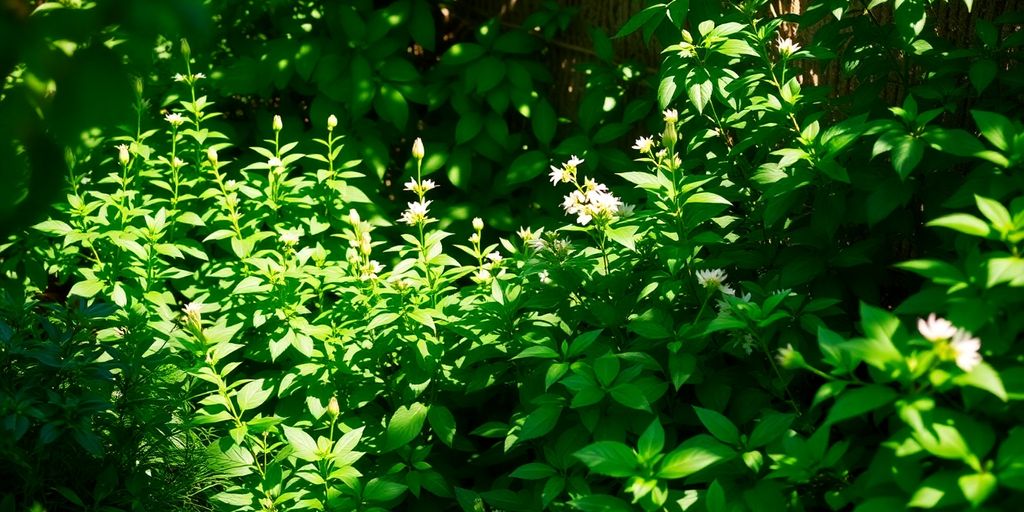 Schattiger Garten mit blühenden Pflanzen