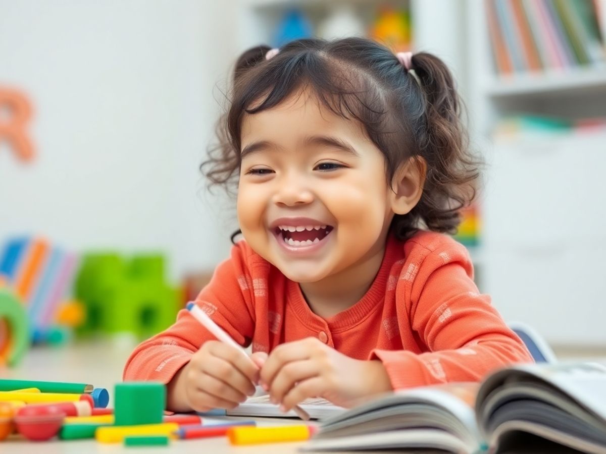 Copil fericit jucându-se cu jucării colorate.