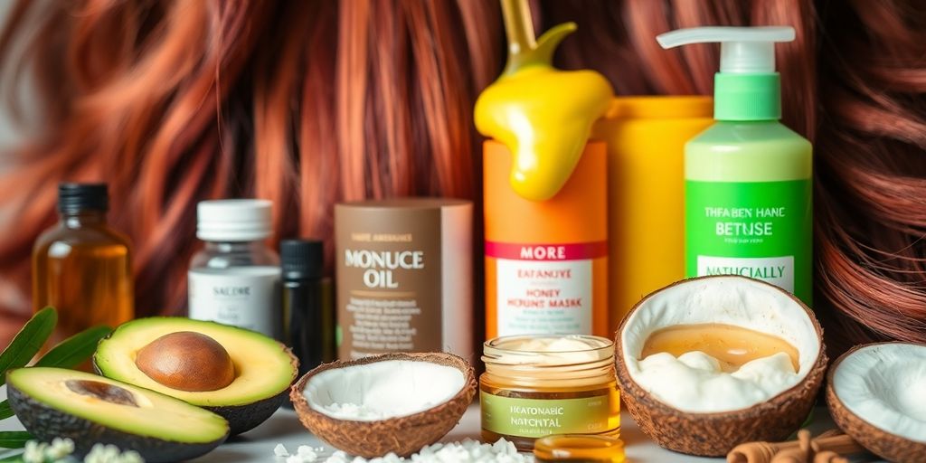 Cabelo saudável com produtos naturais para hidratação capilar.