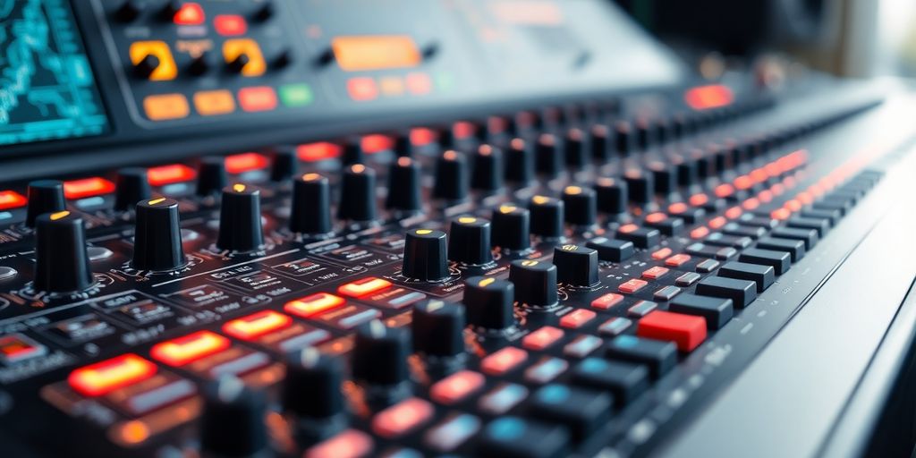 AI mixing console with glowing circuits and sound waves.