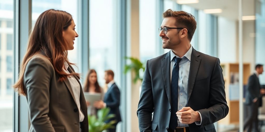 Profesionales colaborando en un entorno de oficina moderno.