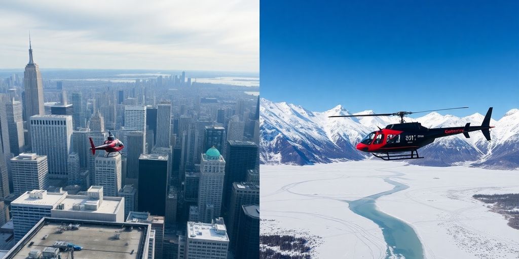 A helicopter flies between NYC skyscrapers and Alaskan mountains.