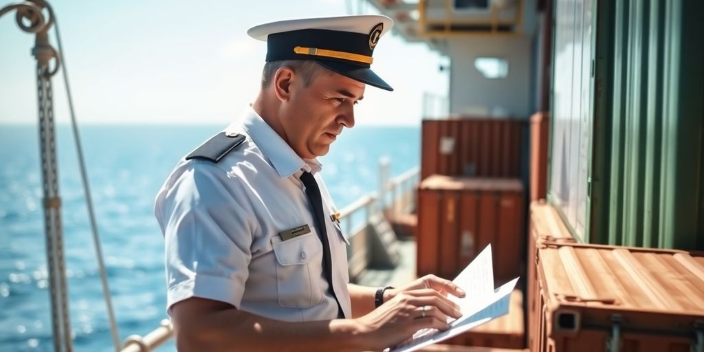 Customs compliance officer inspecting cargo on a ship.