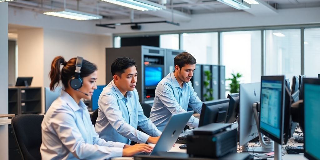 Técnicos de soporte colaborando en un entorno de oficina.