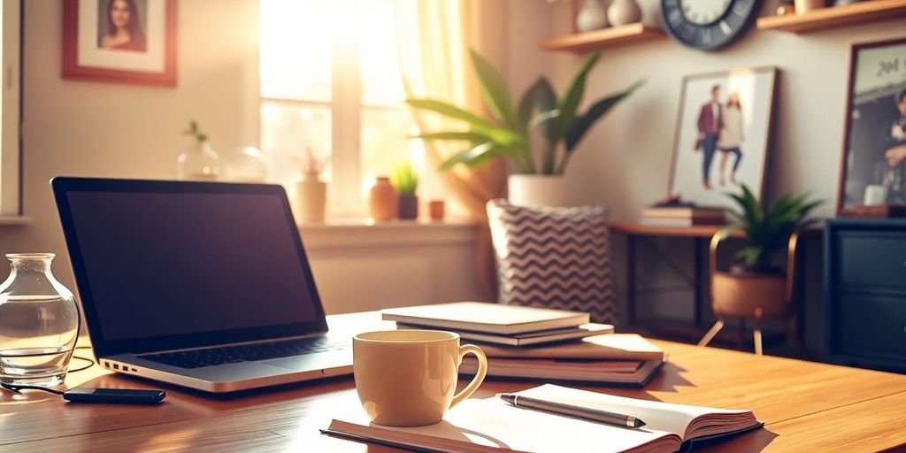 Cozy workspace with laptop, coffee, and notebook.