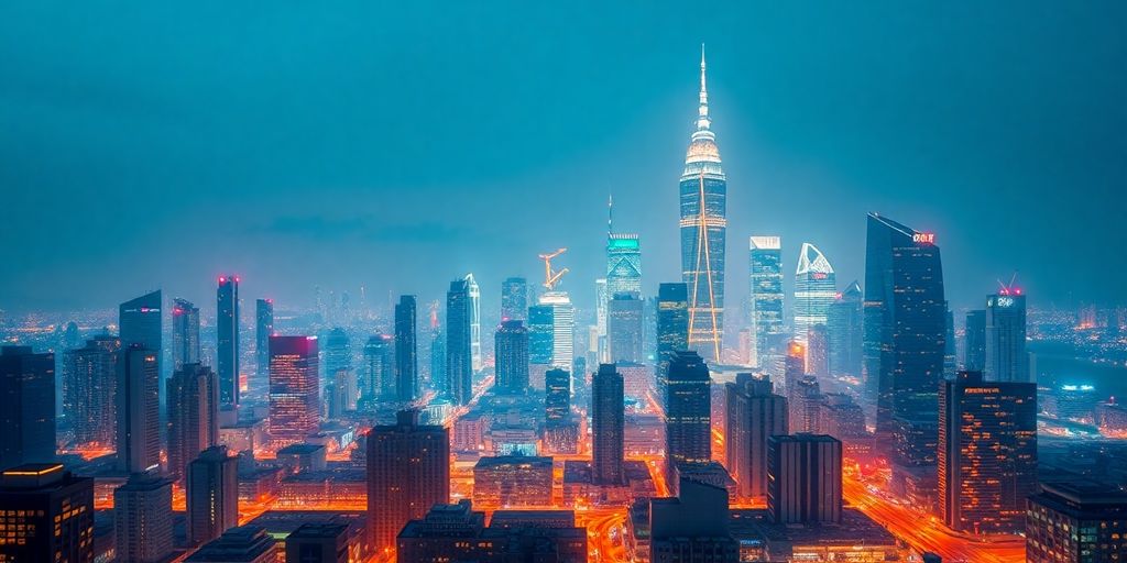 City skyline with digital circuits, illustrating AI economy.