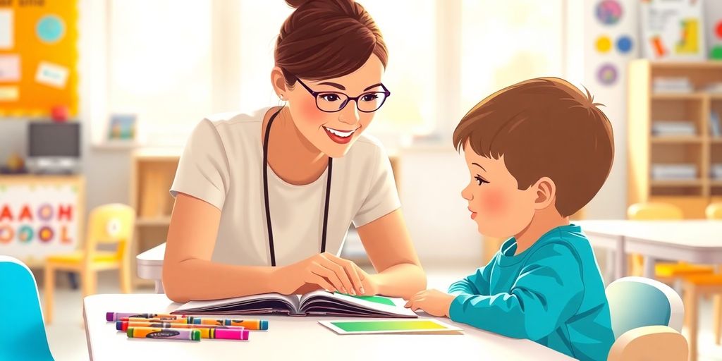 Classroom assistant helping young student