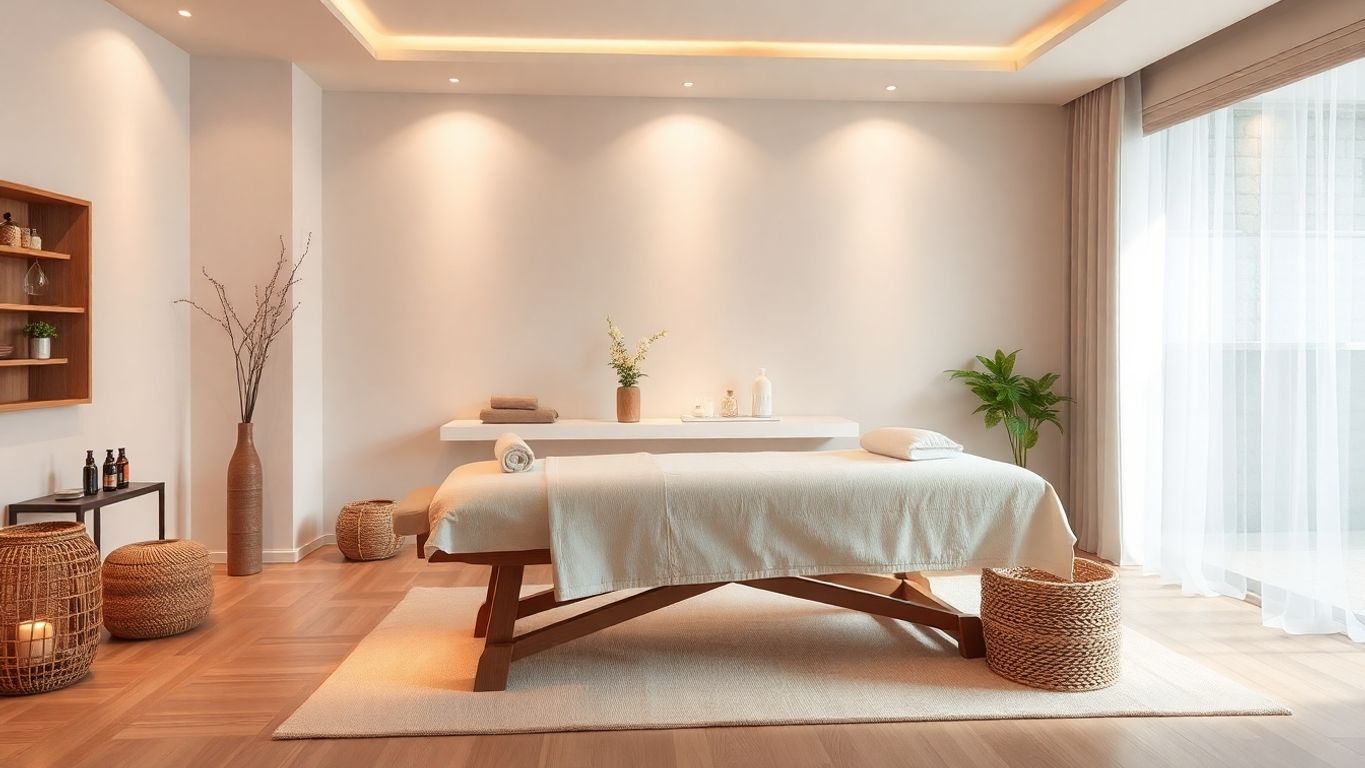 Masaj masası ve huzurlu bir spa ortamı.