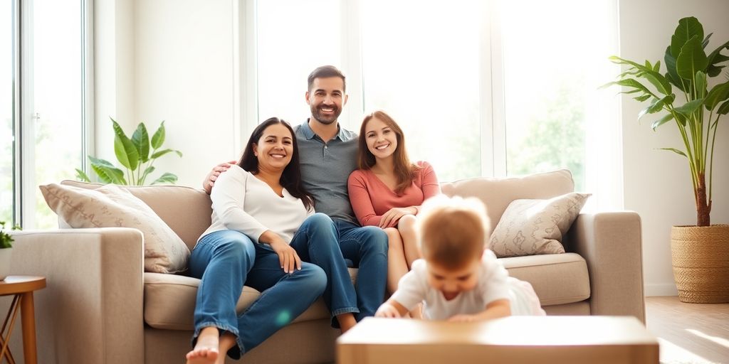 Hogar moderno, personas relajadas, ambiente seguro y luminoso.