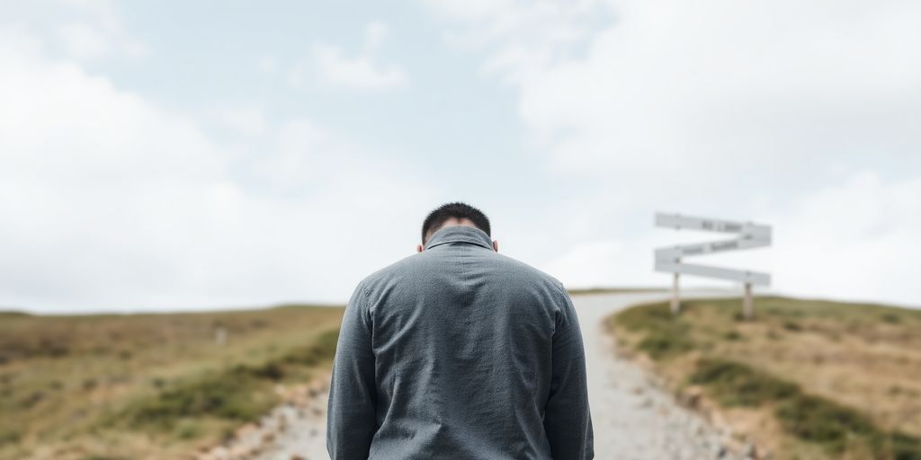 Person thoughtfully looking upwards, a path diverging.