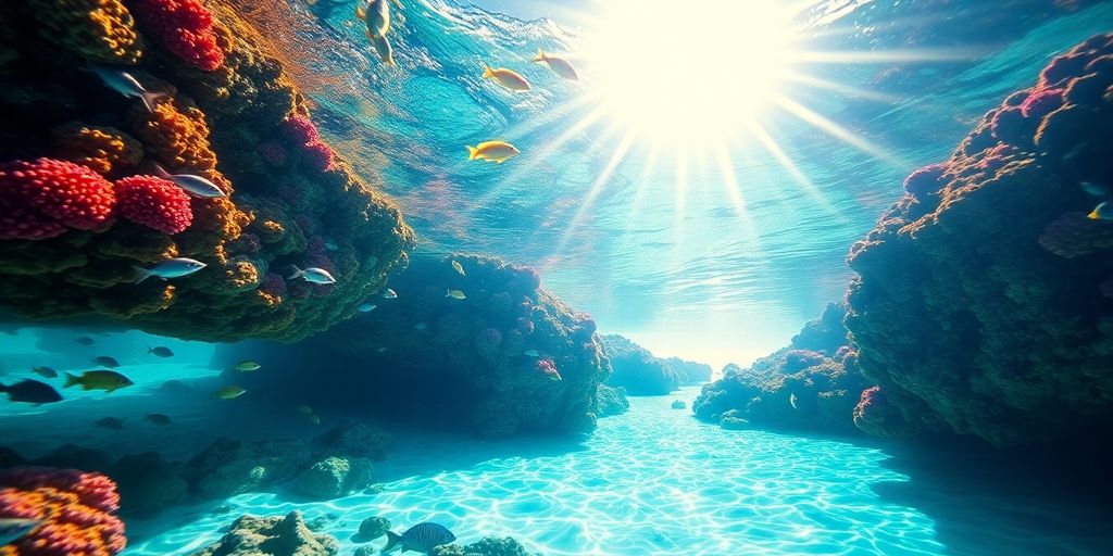Crystal clear turquoise water with vibrant coral reefs.