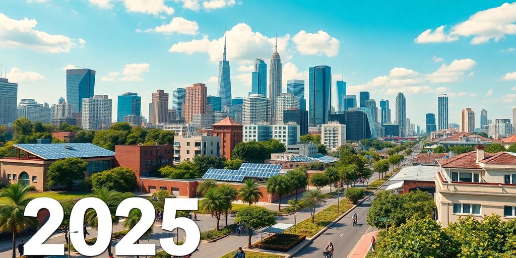 Urban skyline with green spaces and sustainable architecture.