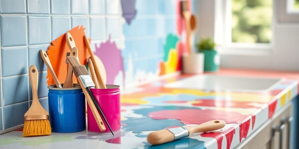 Freshly painted colorful countertops with tools nearby.