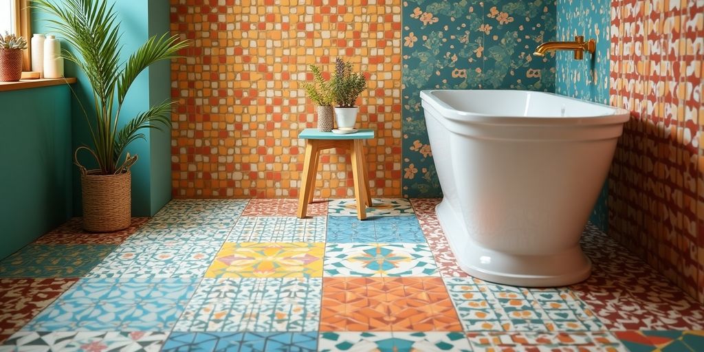 Colorful patterned tiles on a stylish bathroom floor.