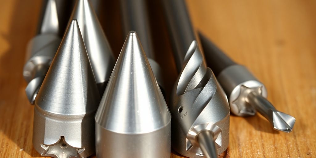 Various cone-shaped nail drill bits on a wooden surface.