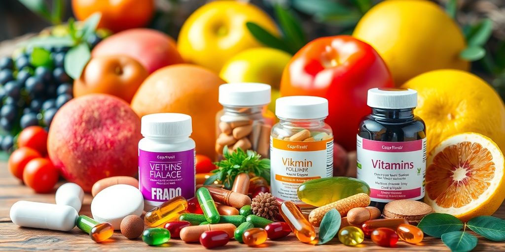 Colorful food supplements with fruits and greenery.